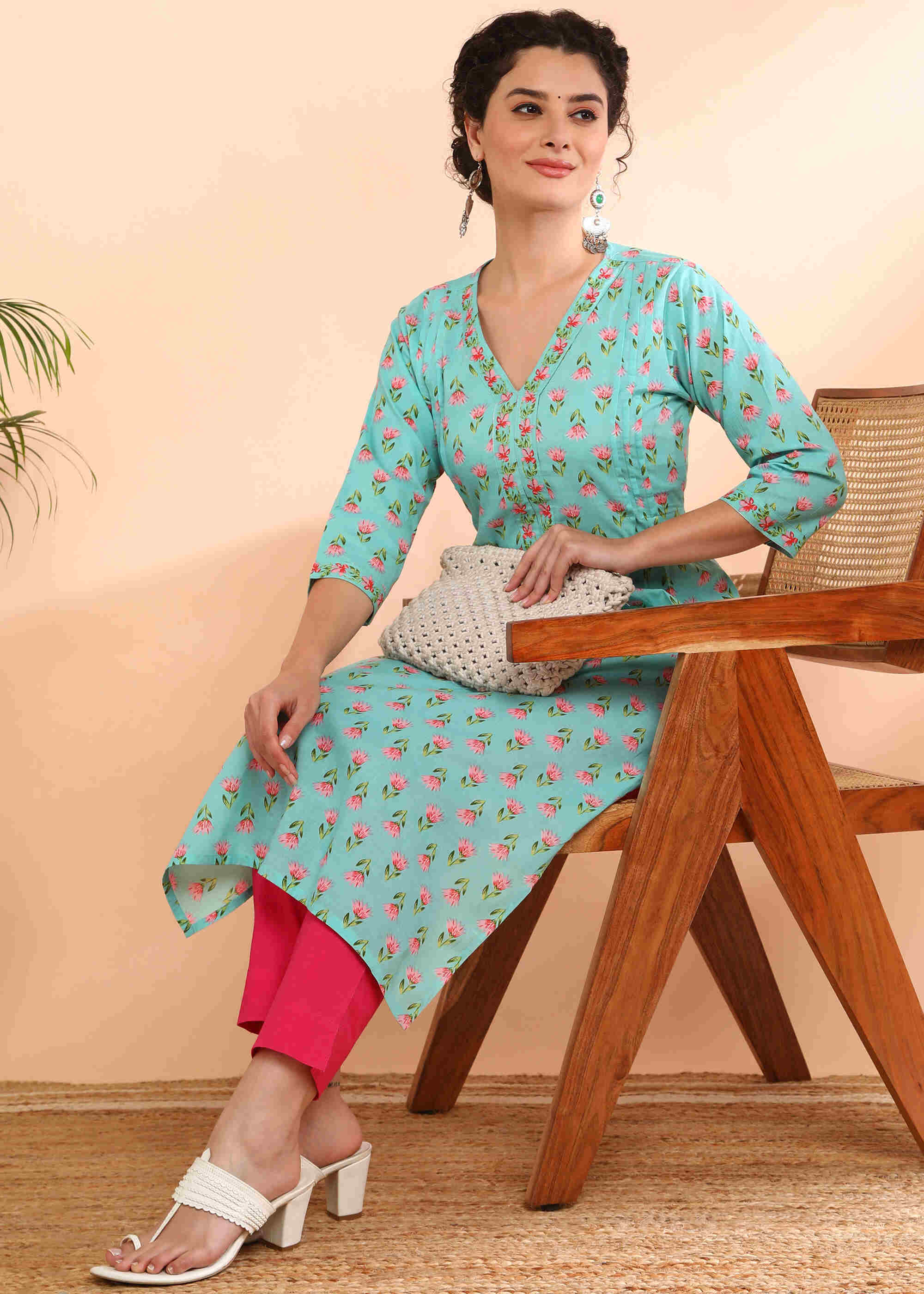 Women Handmade Floral Pure Cotton Straight Light Blue Kurta (W1578)