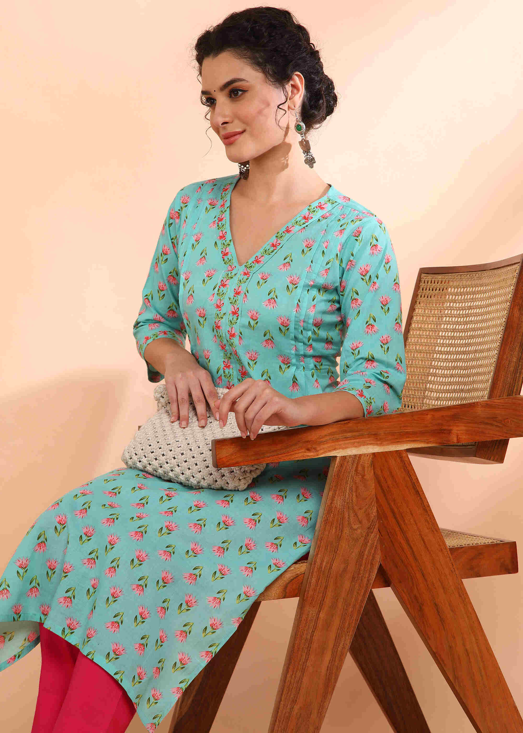 Women Handmade Floral Pure Cotton Straight Light Blue Kurta (W1578)