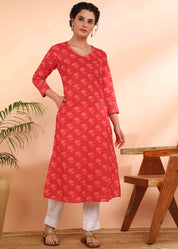 Women Handmade Floral Pure Cotton Straight Red Kurta (W1581)