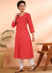 Women Handmade Floral Pure Cotton Straight Red Kurta (W1581)