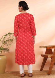 Women Handmade Floral Pure Cotton Straight Red Kurta (W1581)