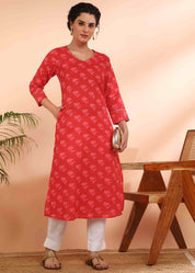 Women Handmade Floral Pure Cotton Straight Red Kurta (W1581)