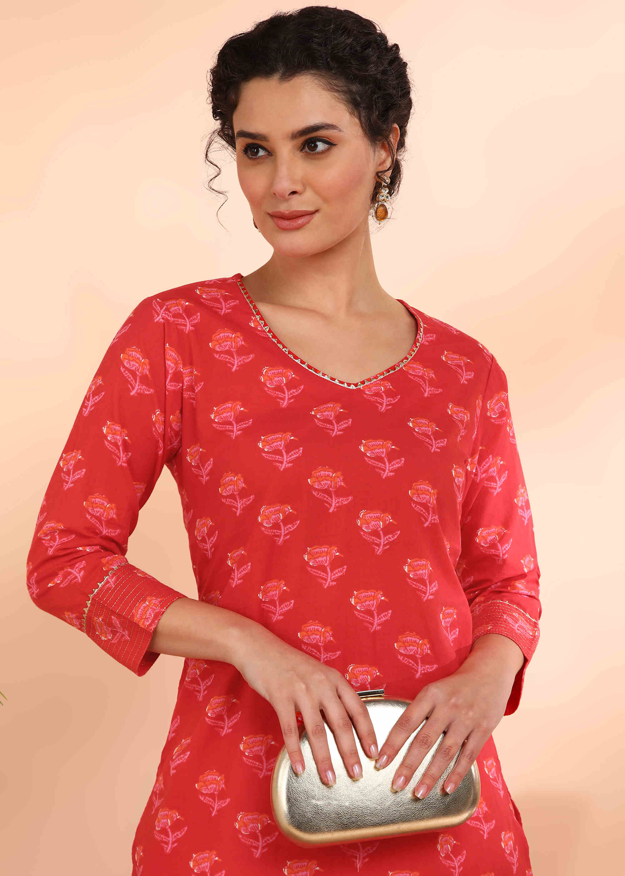 Women Handmade Floral Pure Cotton Straight Red Kurta (W1581)