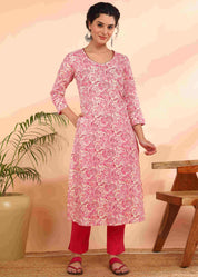 Women Handmade Floral Pure Cotton Straight Pink Kurta (W1582)