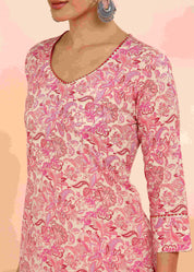 Women Handmade Floral Pure Cotton Straight Pink Kurta (W1582)