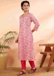 Women Handmade Floral Pure Cotton Straight Pink Kurta (W1582)