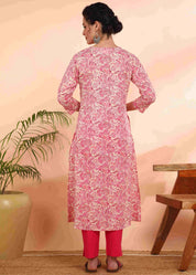 Women Handmade Floral Pure Cotton Straight Pink Kurta (W1582)