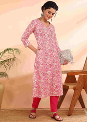 Women Handmade Floral Pure Cotton Straight Pink Kurta (W1582)