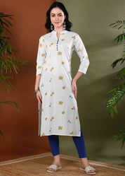 Women Handmade Floral Pure Cotton Straight White Kurta (W1583)