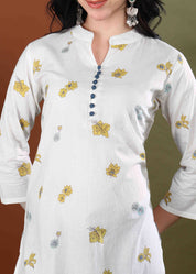 Women Handmade Floral Pure Cotton Straight White Kurta (W1583)