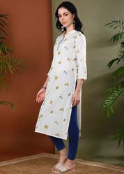 Women Handmade Floral Pure Cotton Straight White Kurta (W1583)