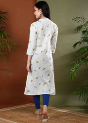 Women Handmade Floral Pure Cotton Straight White Kurta (W1583)