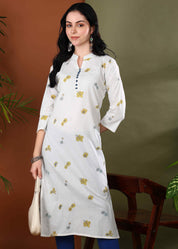 Women Handmade Floral Pure Cotton Straight White Kurta (W1583)