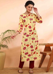 Women Handmade Floral Pure Cotton Straight Yellow Kurta (W1584)