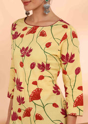 Women Handmade Floral Pure Cotton Straight Yellow Kurta (W1584)