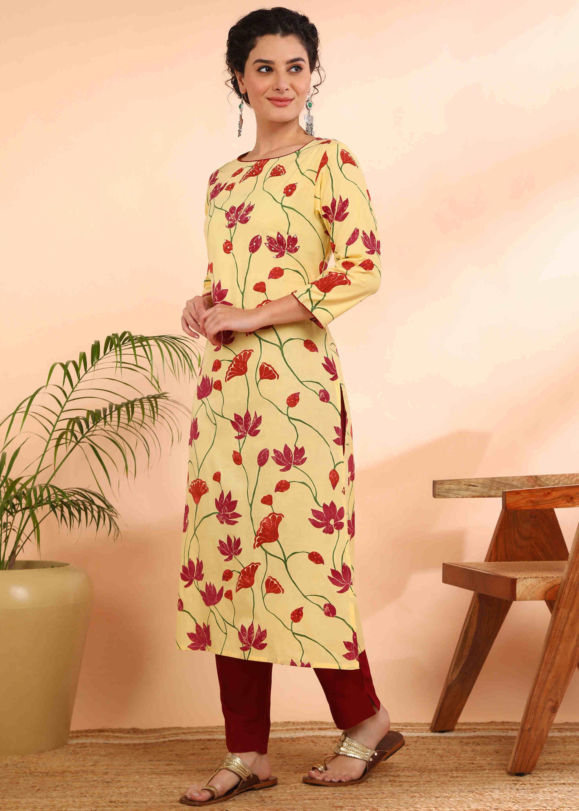 Women Handmade Floral Pure Cotton Straight Yellow Kurta (W1584)