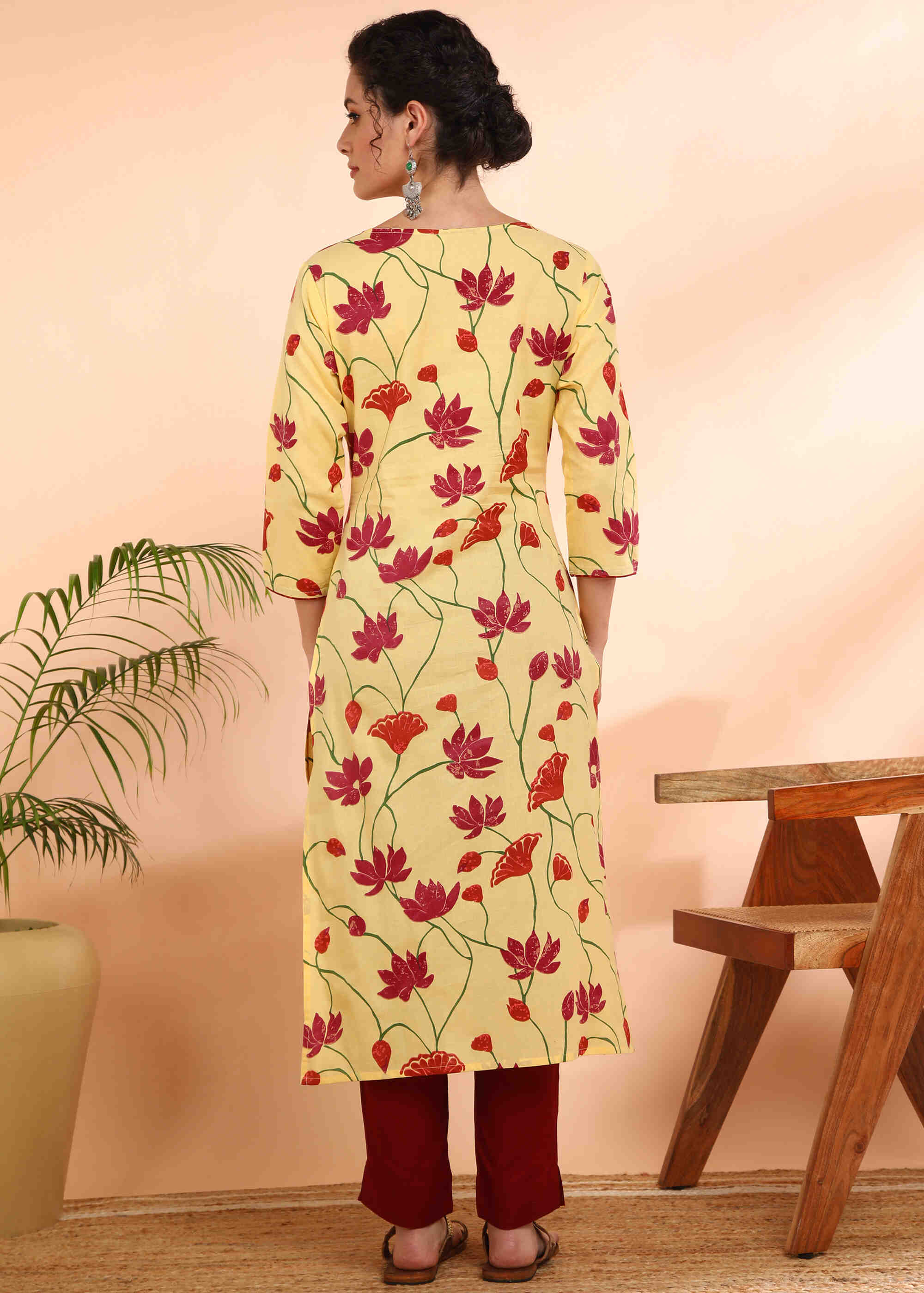 Women Handmade Floral Pure Cotton Straight Yellow Kurta (W1584)