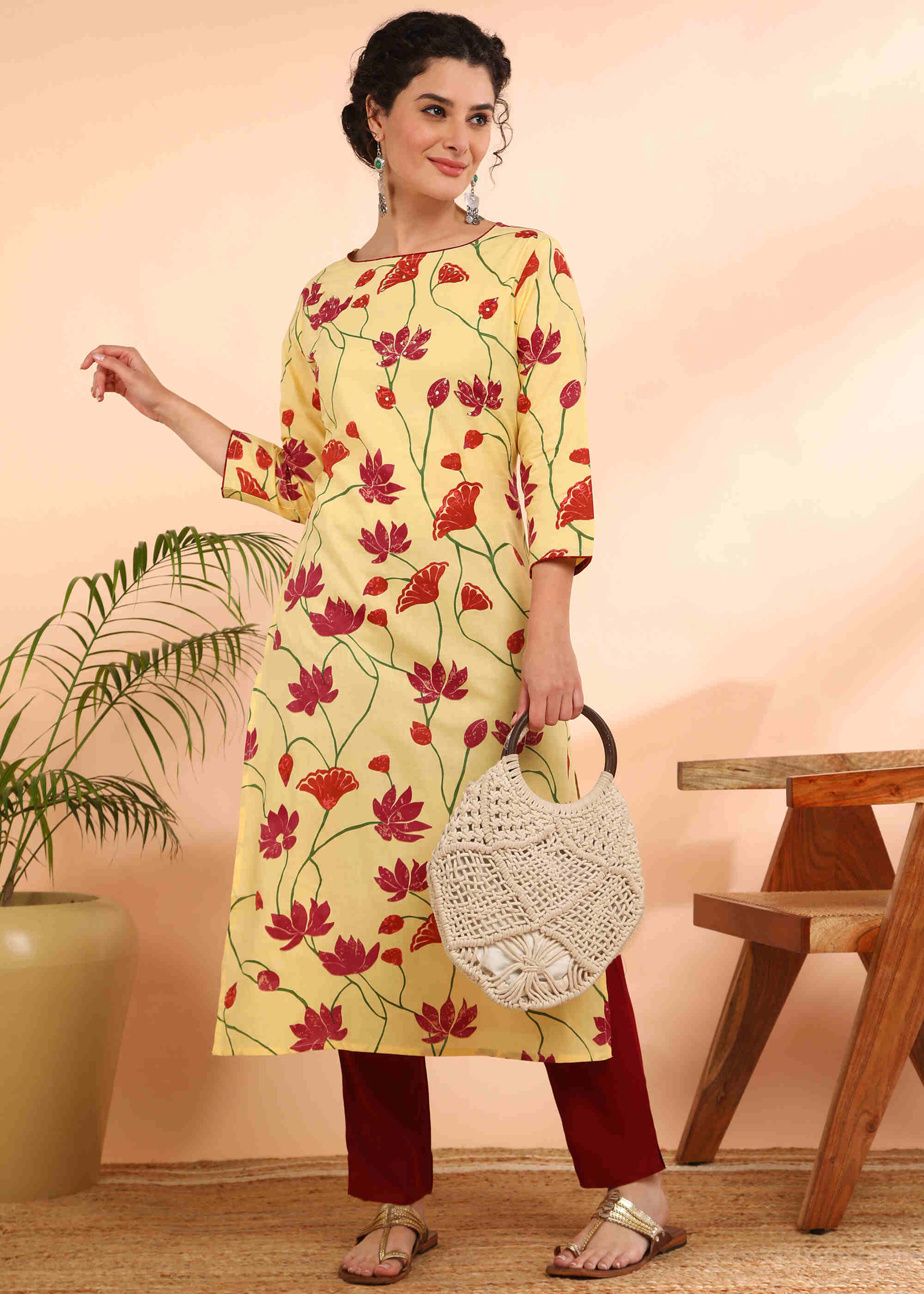 Women Handmade Floral Pure Cotton Straight Yellow Kurta (W1584)