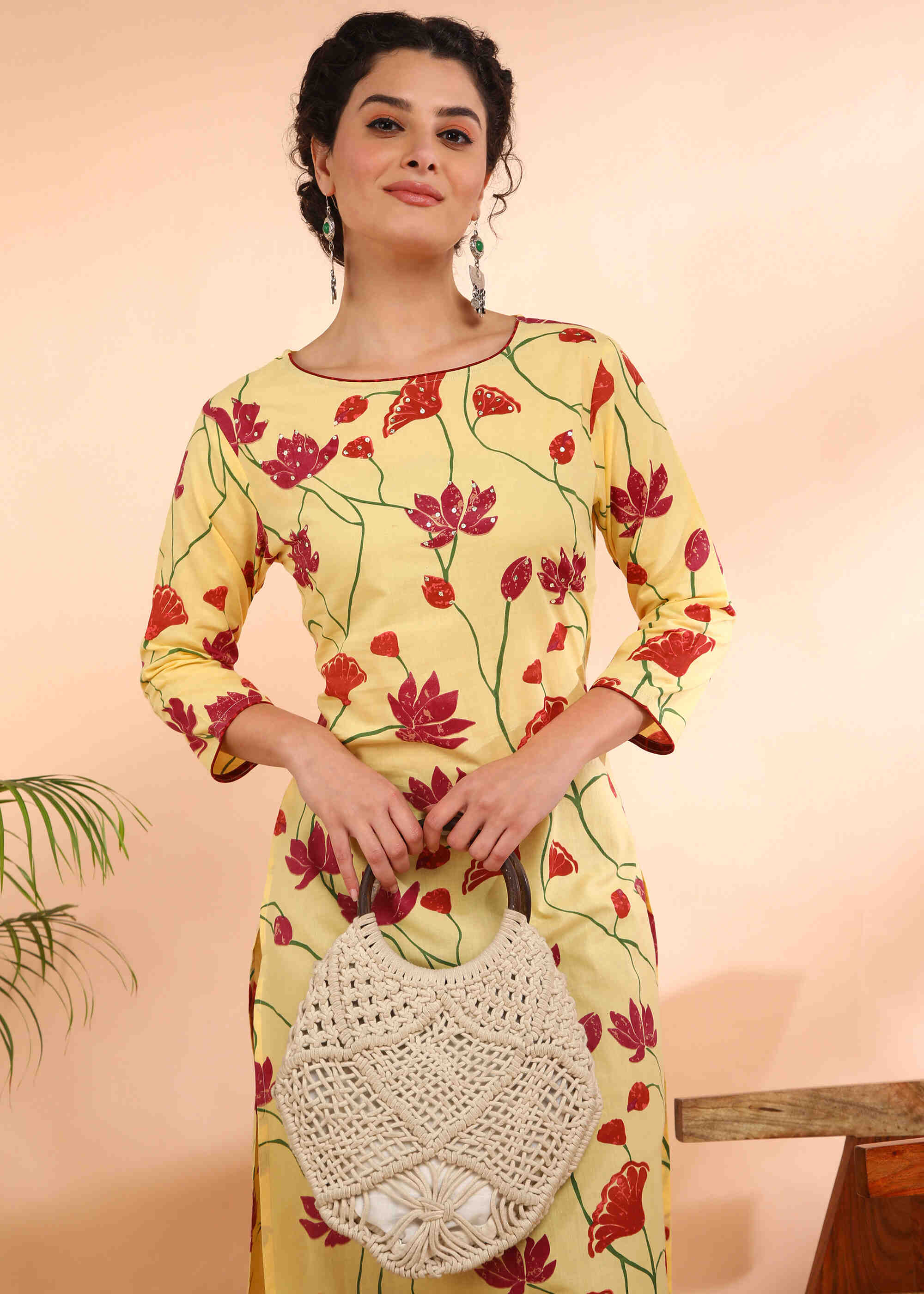 Women Handmade Floral Pure Cotton Straight Yellow Kurta (W1584)