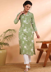 Women Handmade Geometric Pure Cotton Straight Green Kurta (W1585)