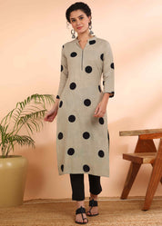 Women Handmade Geometric Pure Cotton Straight Grey Kurta (W1586)