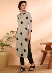 Women Handmade Geometric Pure Cotton Straight Grey Kurta (W1586)