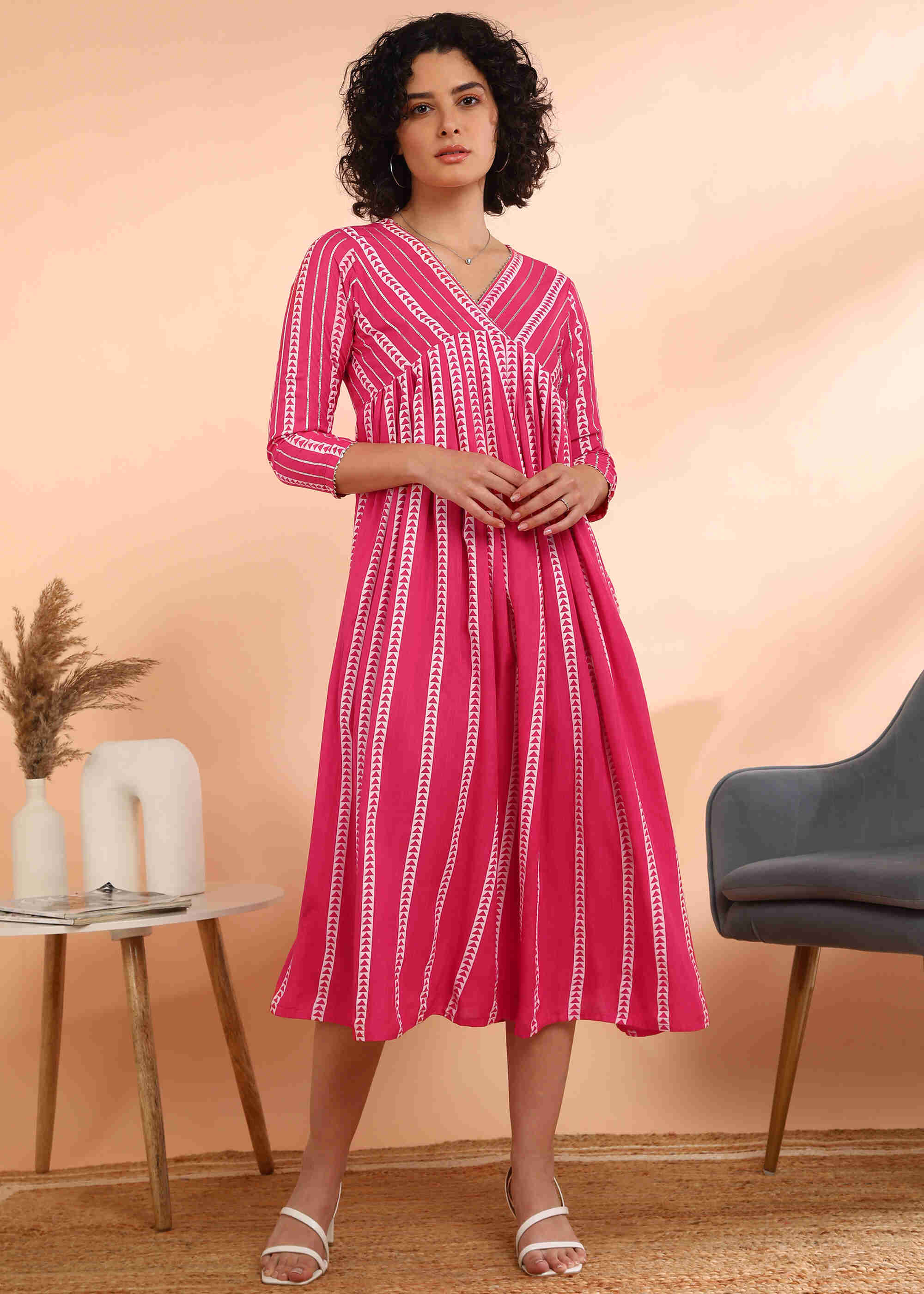 Women Handmade Striped Viscose Rayon Flared Pink Dress (W1587)