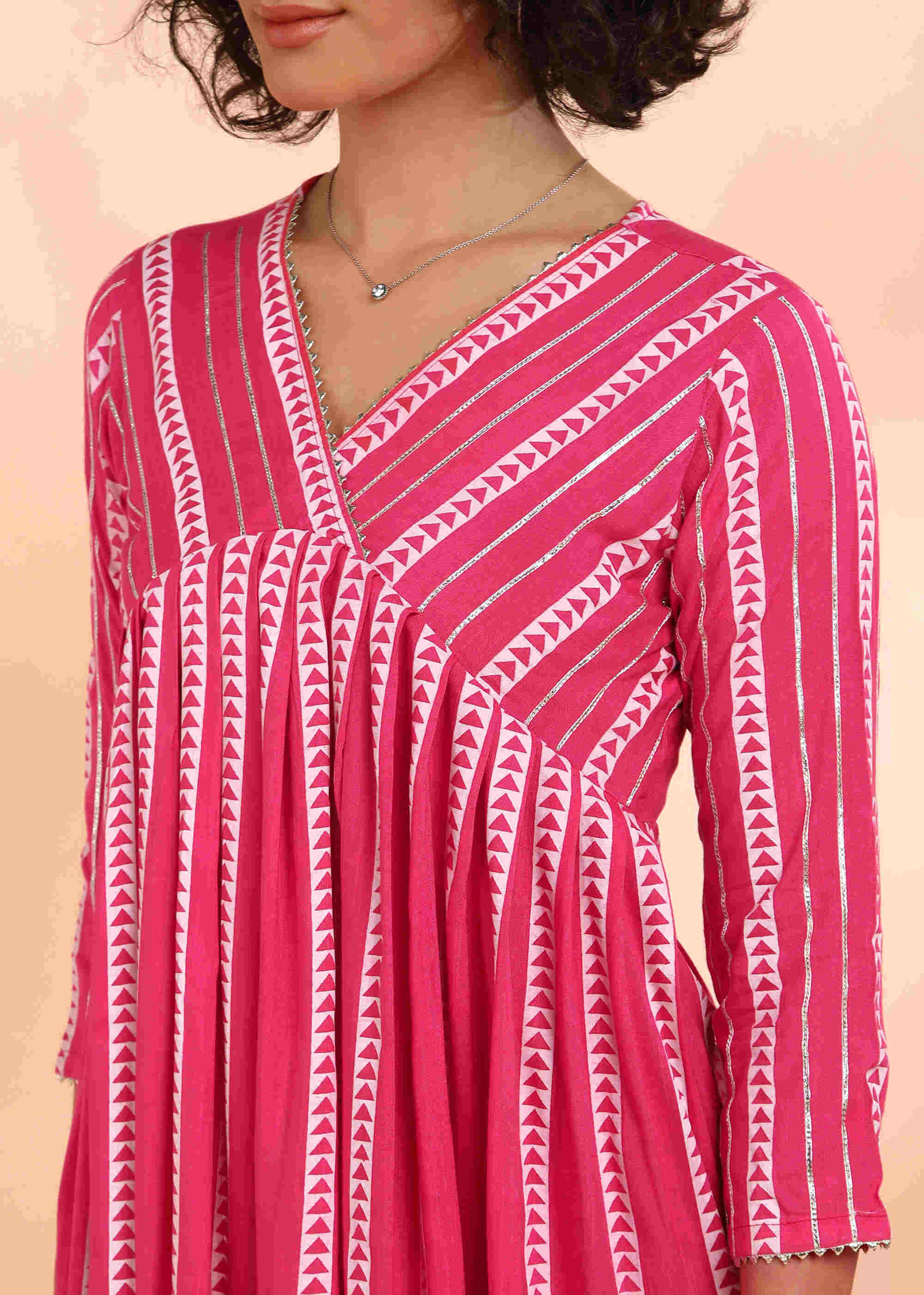 Women Handmade Striped Viscose Rayon Flared Pink Dress (W1587)