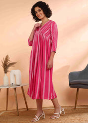 Women Handmade Striped Viscose Rayon Flared Pink Dress (W1587)