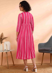 Women Handmade Striped Viscose Rayon Flared Pink Dress (W1587)