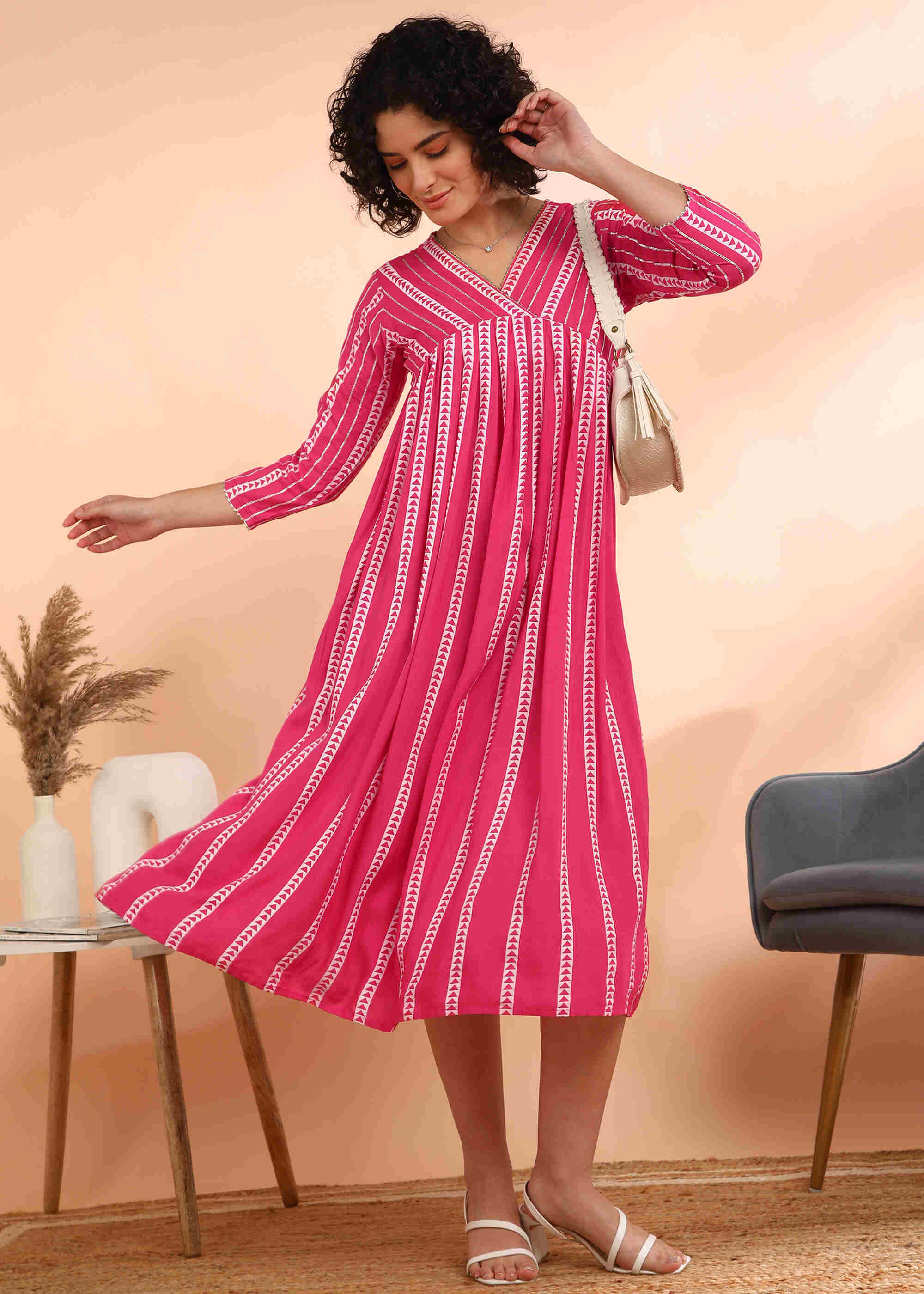 Women Handmade Striped Viscose Rayon Flared Pink Dress (W1587)