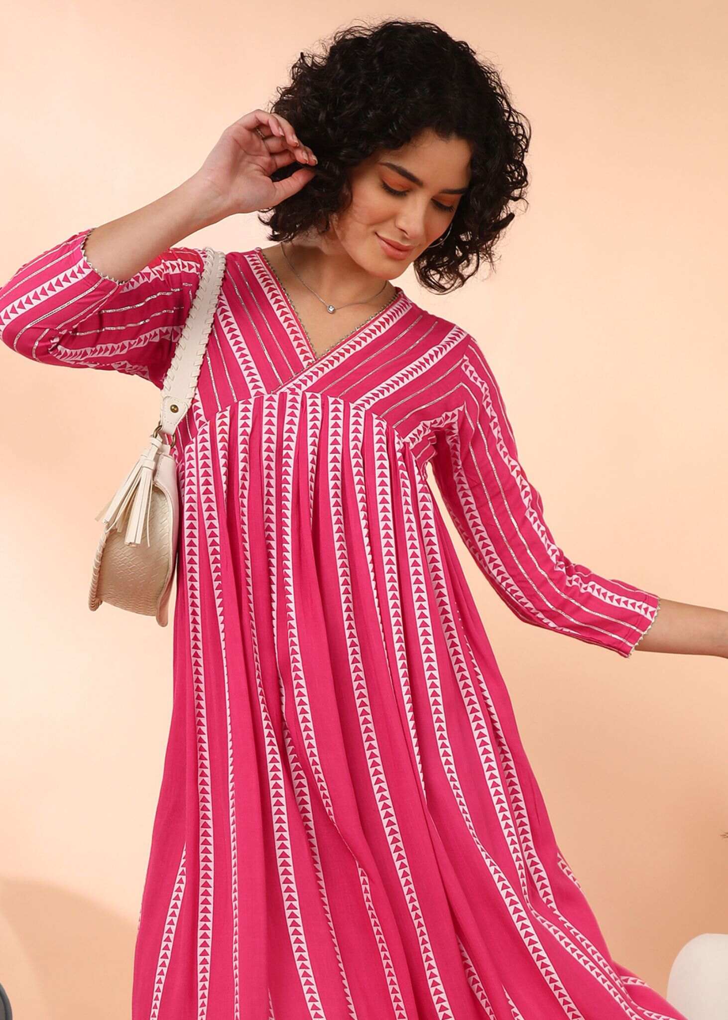 Women Handmade Striped Viscose Rayon Flared Pink Dress (W1587)