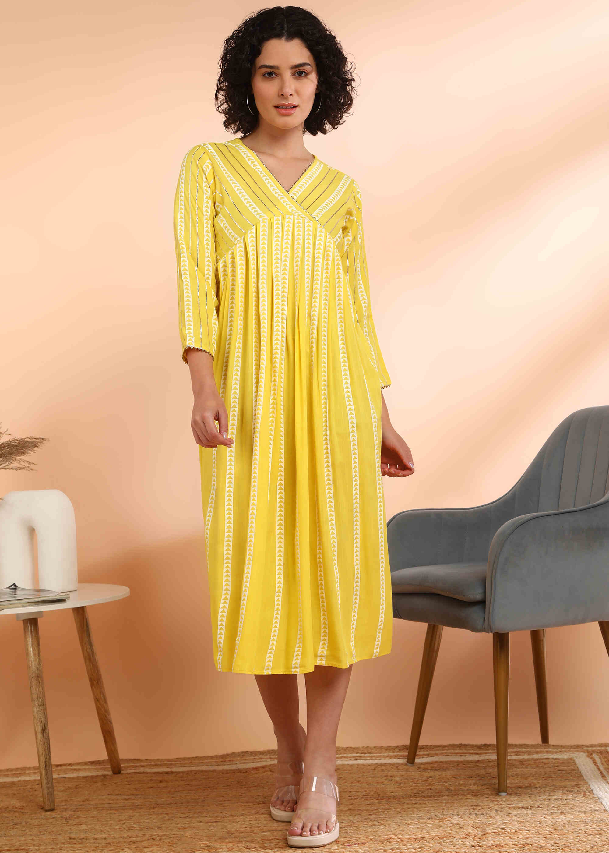 Women Handmade Striped Viscose Rayon Flared Yellow Dress (W1588)