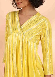 Women Handmade Striped Viscose Rayon Flared Yellow Dress (W1588)