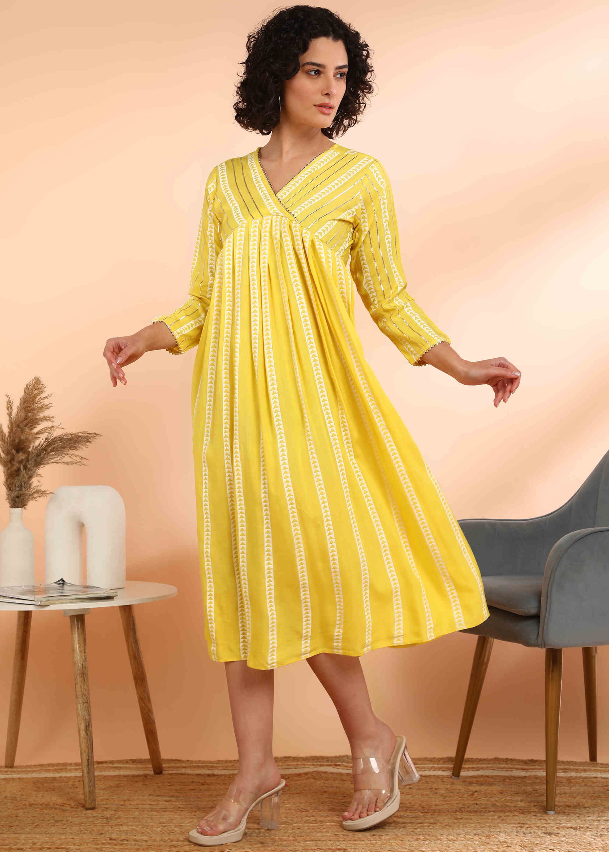 Women Handmade Striped Viscose Rayon Flared Yellow Dress (W1588)