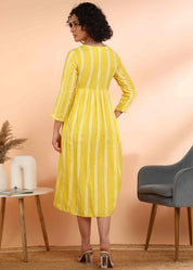 Women Handmade Striped Viscose Rayon Flared Yellow Dress (W1588)