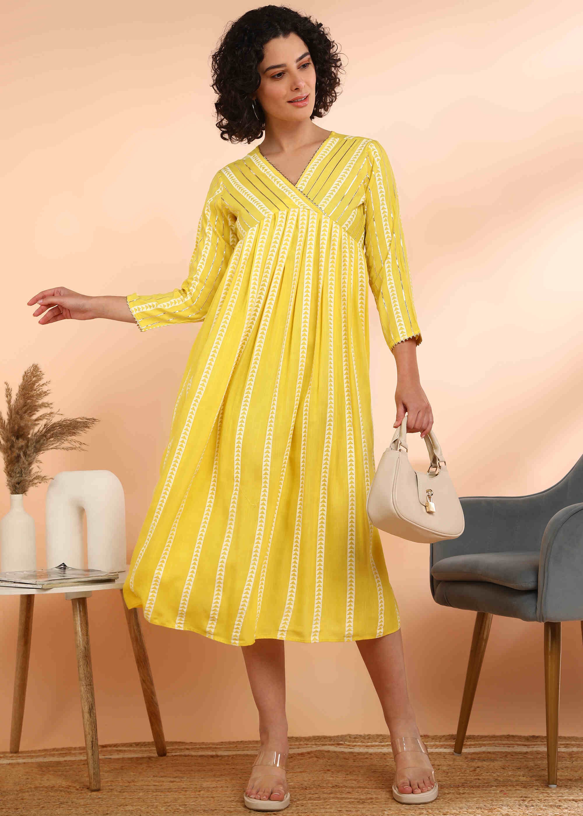 Women Handmade Striped Viscose Rayon Flared Yellow Dress (W1588)