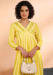 Women Handmade Striped Viscose Rayon Flared Yellow Dress (W1588)