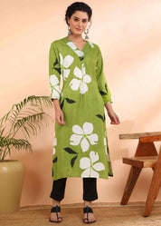 Women Handmade Geometric Pure Cotton Straight Light Green Kurta (W1589)