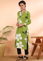 Women Handmade Geometric Pure Cotton Straight Light Green Kurta (W1589)