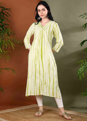 Women Handmade Striped Pure Cotton Straight Light Green Kurta (W1590)