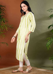 Women Handmade Striped Pure Cotton Straight Light Green Kurta (W1590)