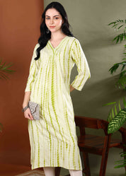 Women Handmade Striped Pure Cotton Straight Light Green Kurta (W1590)