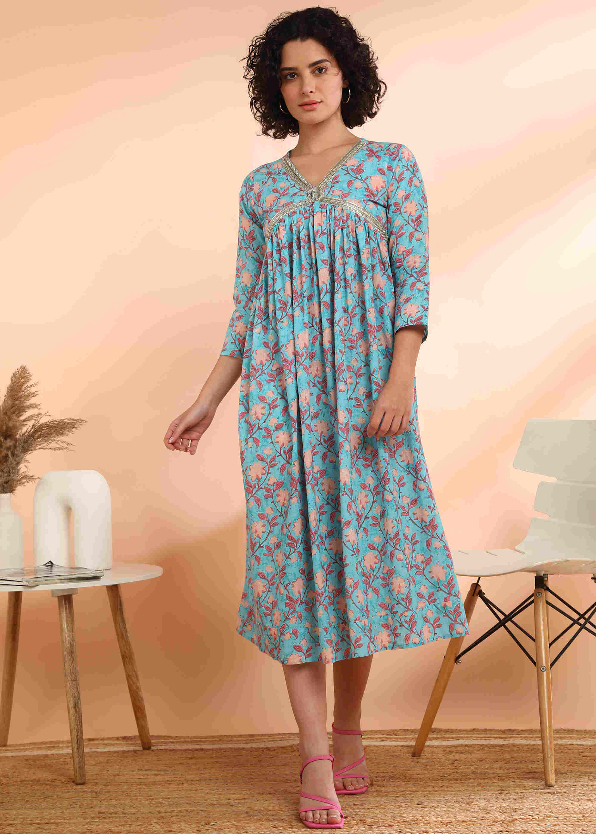 Women Handmade Floral Print Cotton Blend Flared Blue Dress (W1591)