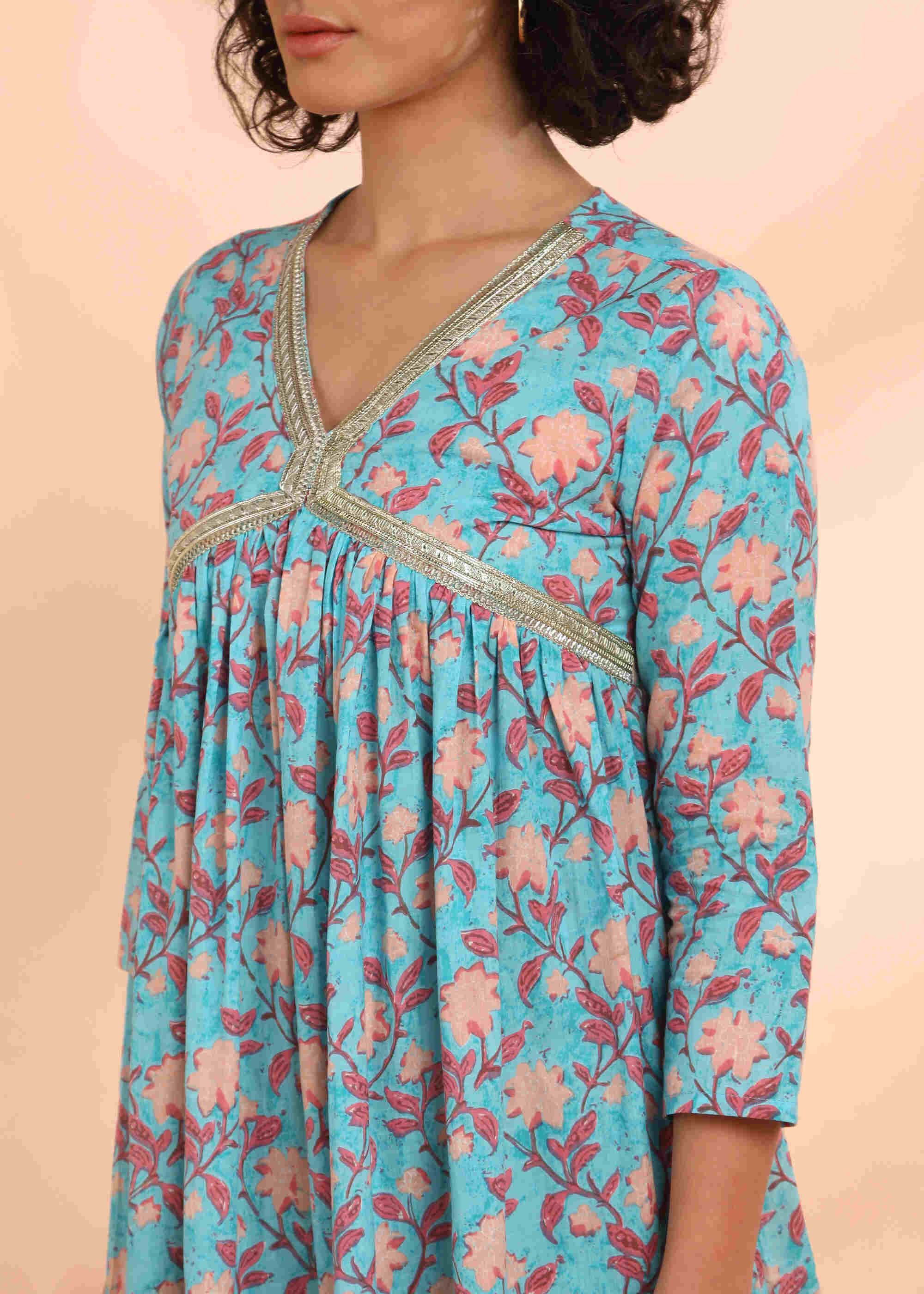 Women Handmade Floral Print Cotton Blend Flared Blue Dress (W1591)