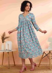 Women Handmade Floral Print Cotton Blend Flared Blue Dress (W1591)