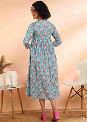 Women Handmade Floral Print Cotton Blend Flared Blue Dress (W1591)