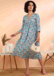 Women Handmade Floral Print Cotton Blend Flared Blue Dress (W1591)