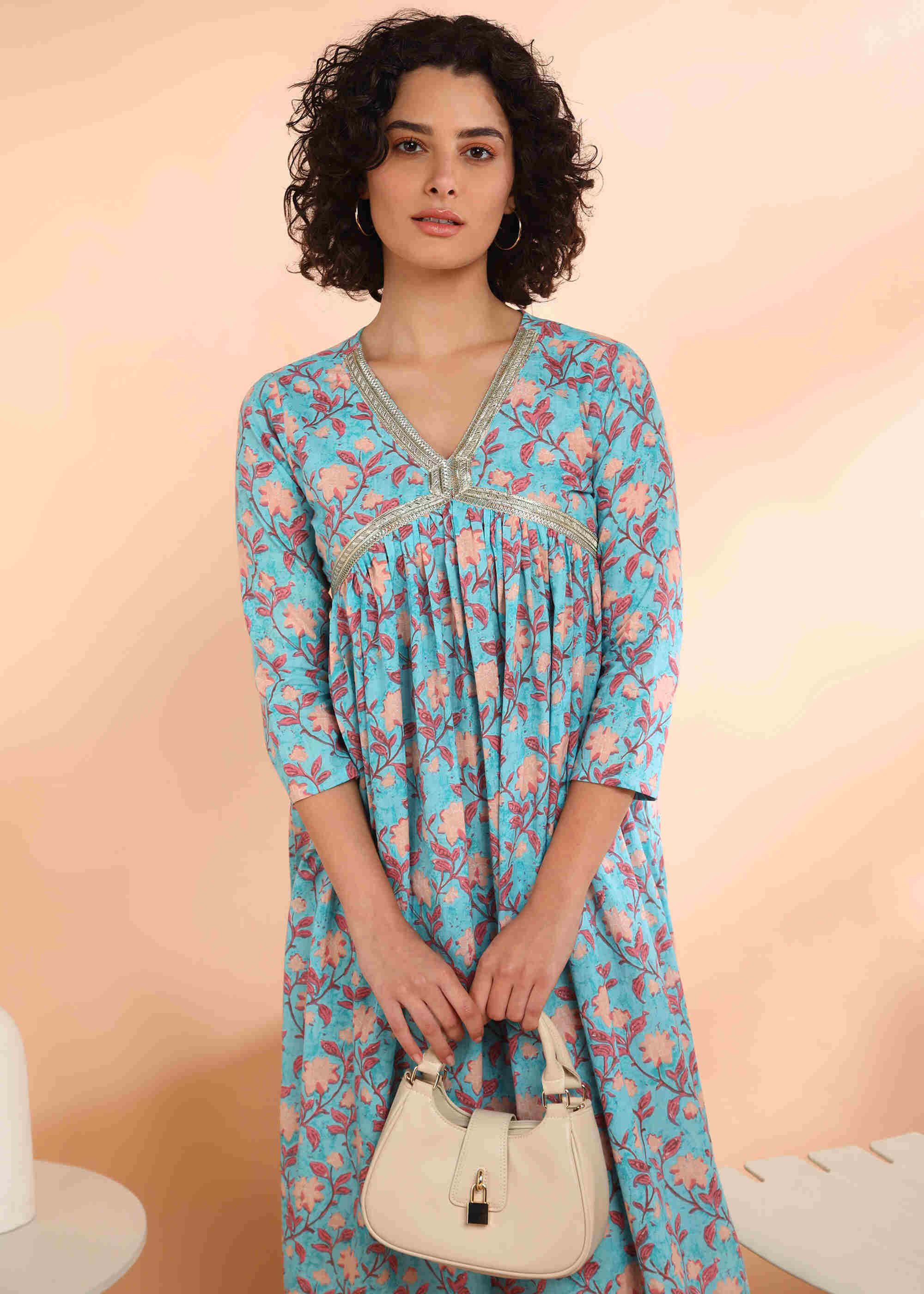 Women Handmade Floral Print Cotton Blend Flared Blue Dress (W1591)