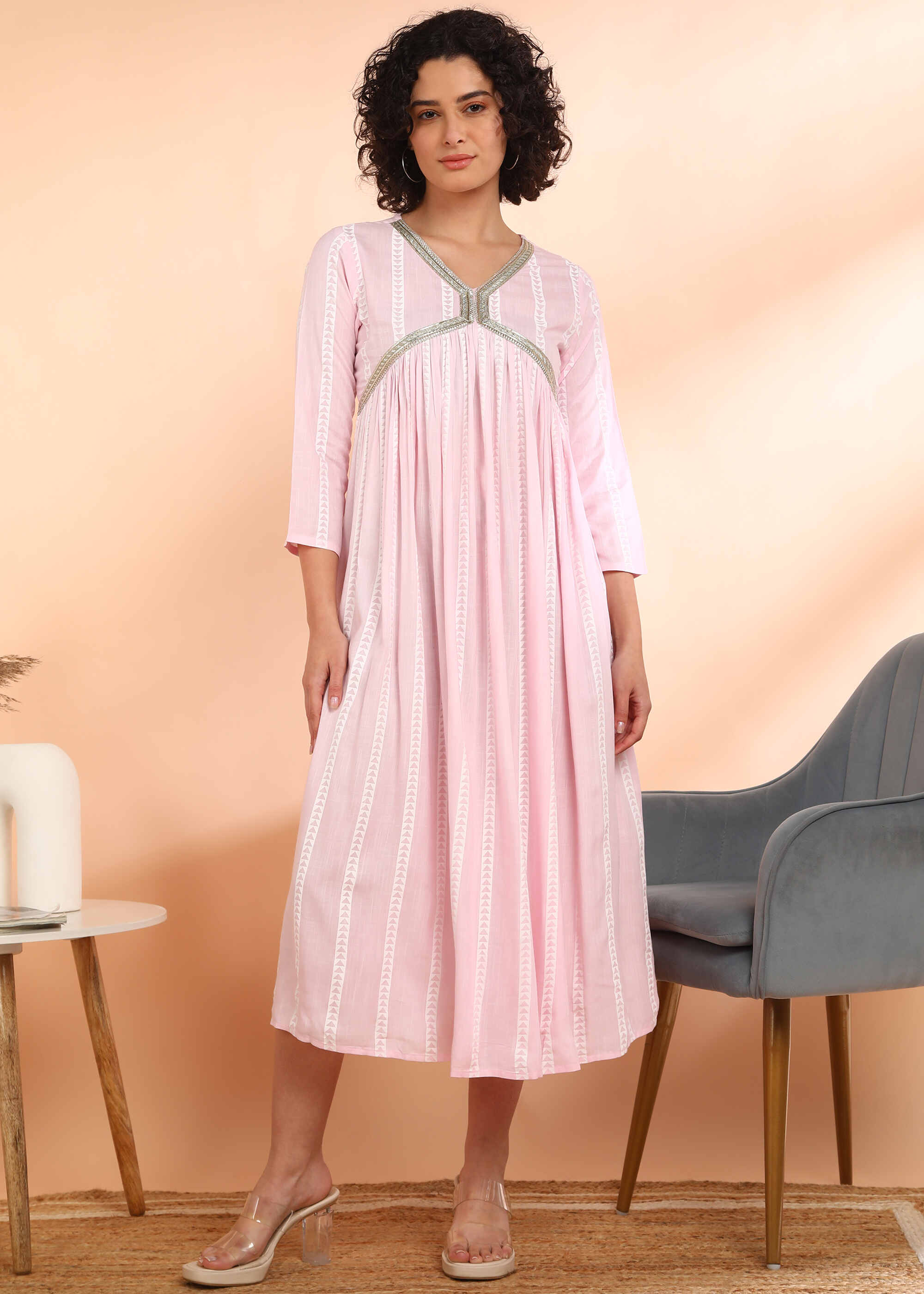 Women Handmade Striped Rayon Flared Light Pink Dress (W1592)